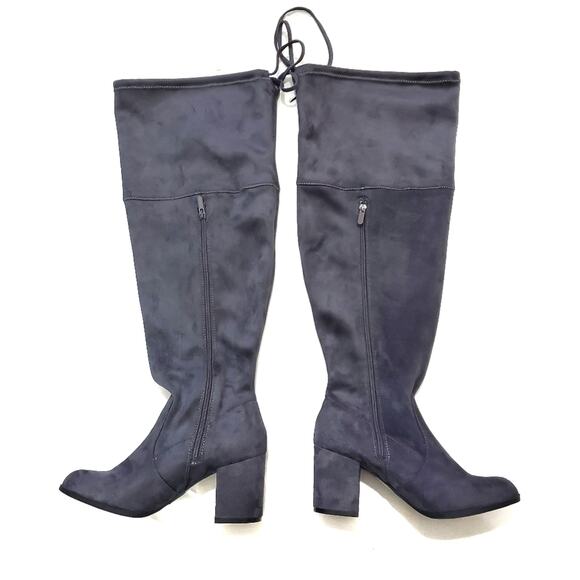 Torrid | Gray Suede Over-The-Knee Back Tie Block Heel Boots - Picture 3 of 14
